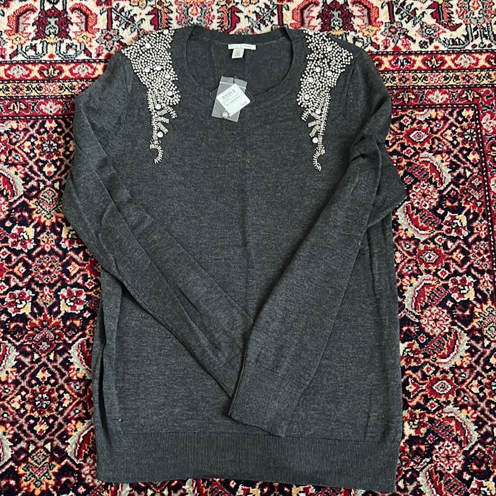 NWT Halogen Beaded Shoulder Crewneck Sweater, Grey